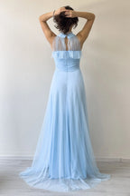 Bebe Mavisi Drapeli Kolsuz Tül Abiye Elbise