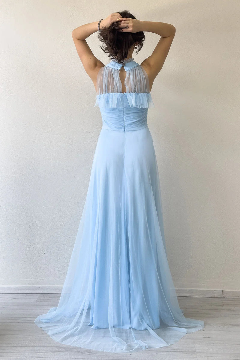 Bebe Mavisi Drapeli Kolsuz Tül Abiye Elbise