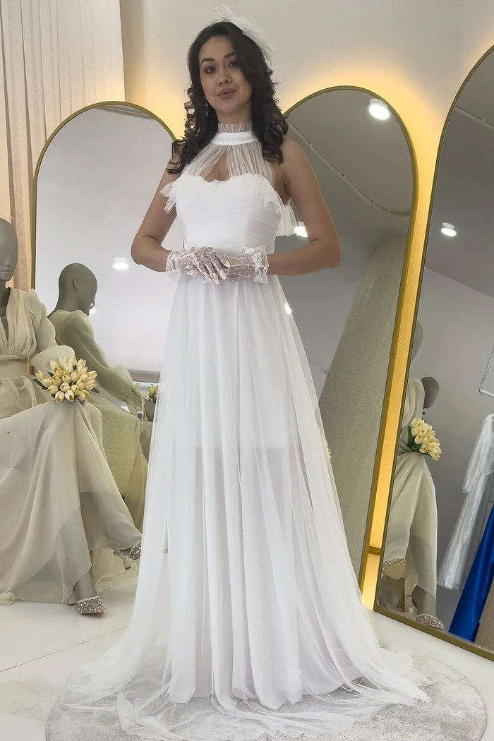 Beyaz Drapeli Kolsuz Tül Abiye Elbise