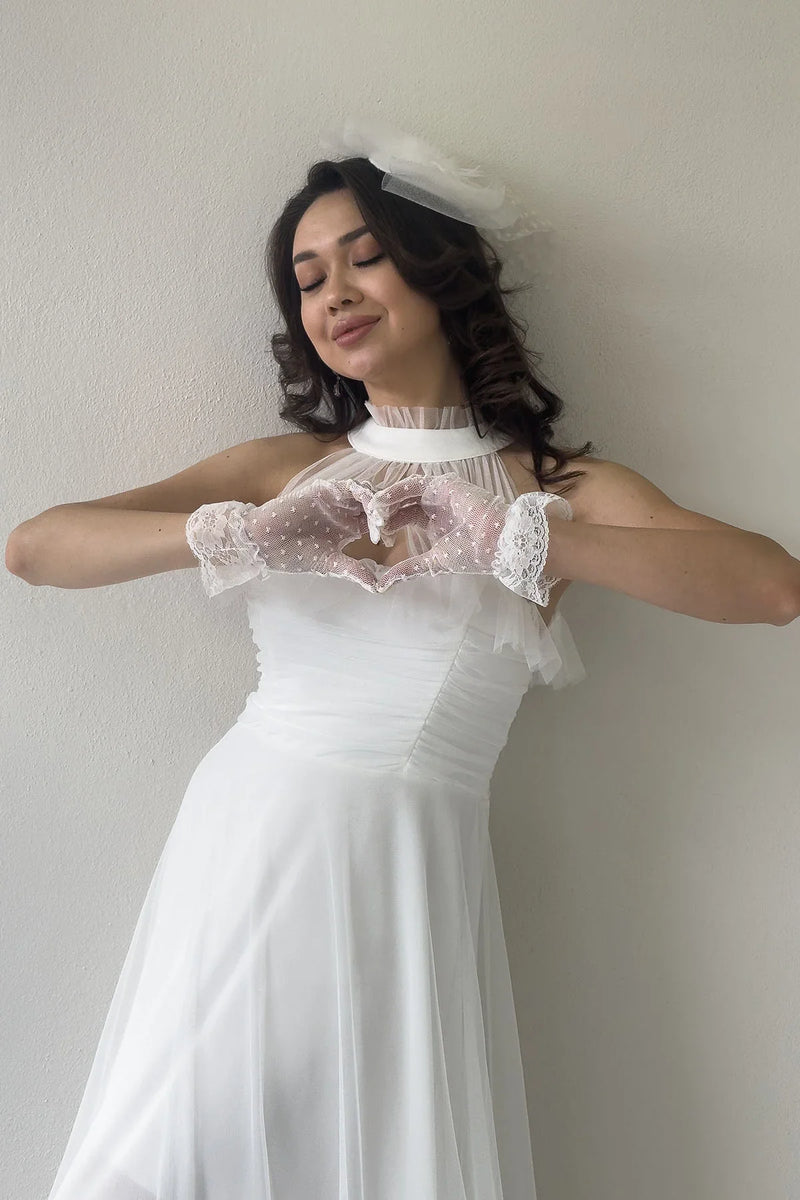 Beyaz Drapeli Kolsuz Tül Abiye Elbise