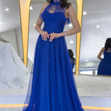 Saks Drapeli Kolsuz Tül Abiye Elbise