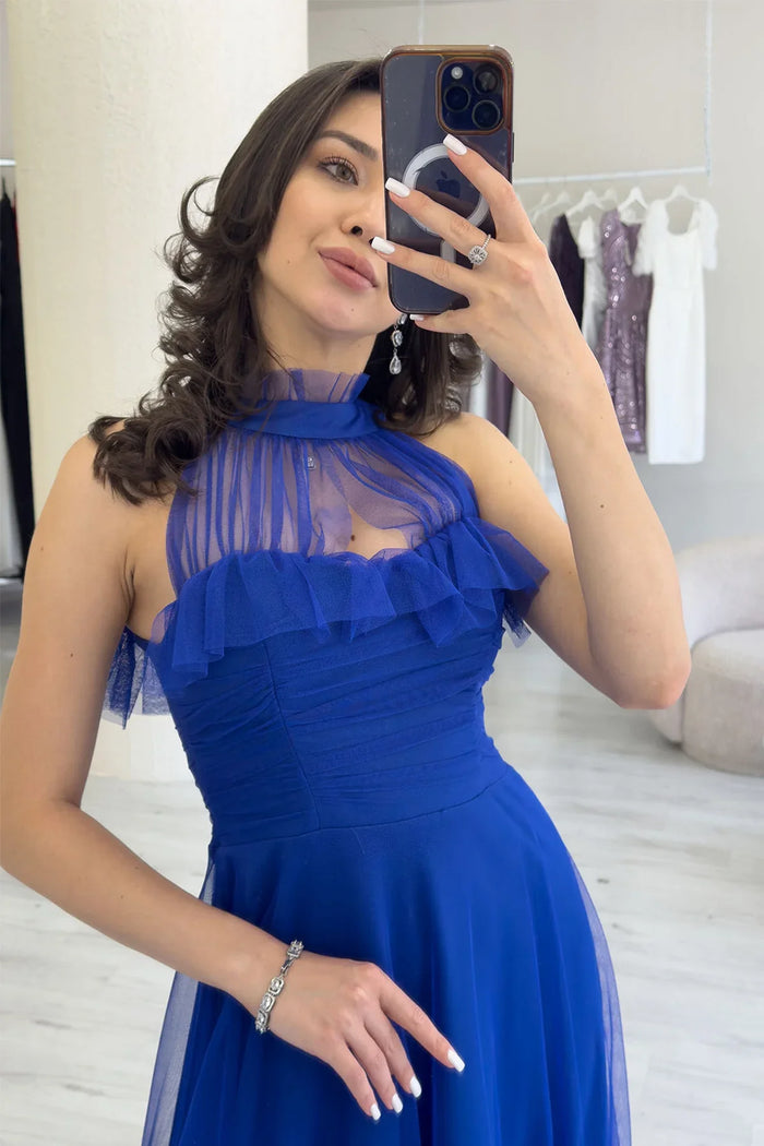 Saks Drapeli Kolsuz Tül Abiye Elbise