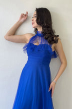 Saks Drapeli Kolsuz Tül Abiye Elbise