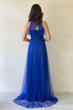 Saks Drapeli Kolsuz Tül Abiye Elbise