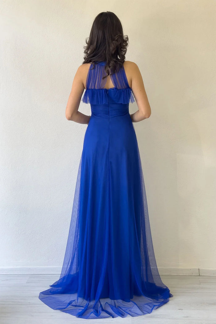 Saks Drapeli Kolsuz Tül Abiye Elbise