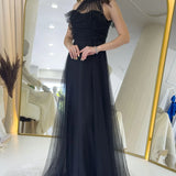 Siyah Drapeli Kolsuz Tül Abiye Elbise