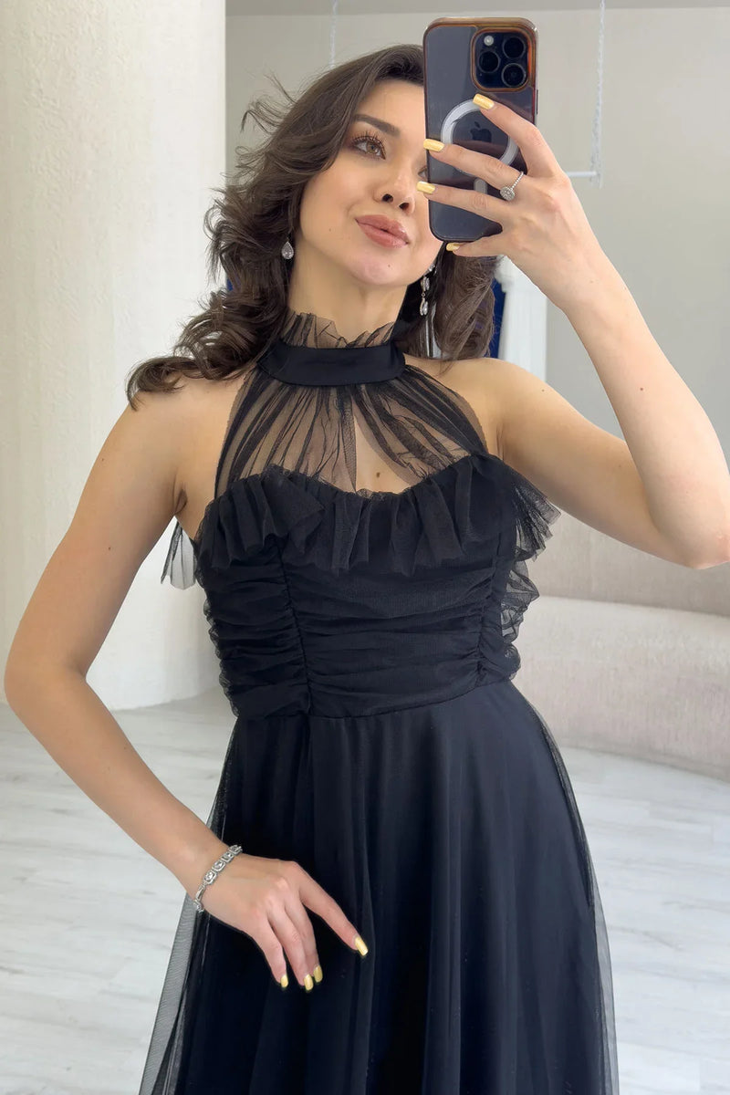 Siyah Drapeli Kolsuz Tül Abiye Elbise