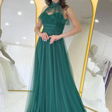 Zümrüt Yeşili Drapeli Kolsuz Tül Abiye Elbise