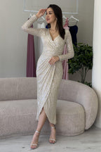 Bej  Kruvaze Yaka Payet Tasarım Uzun Kollu Abiye Elbise