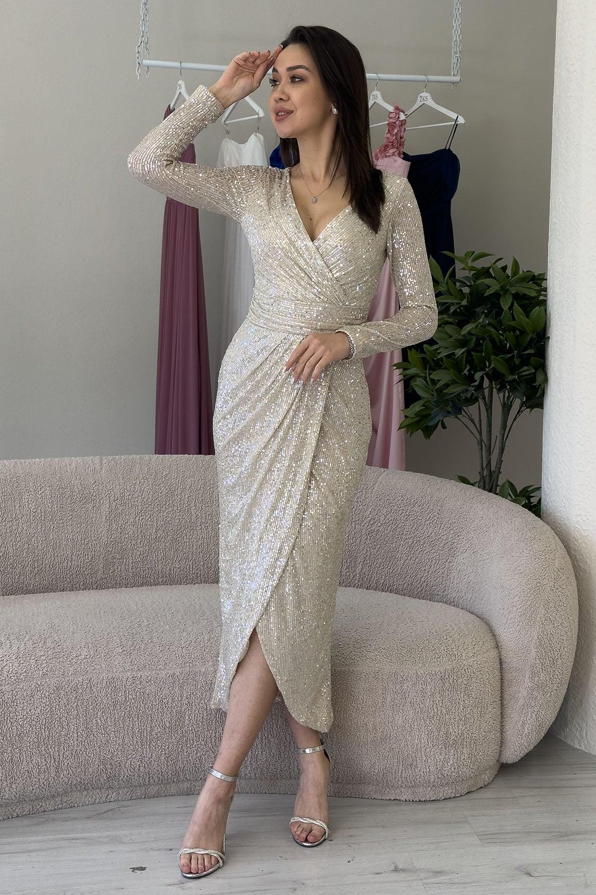 Bej  Kruvaze Yaka Payet Tasarım Uzun Kollu Abiye Elbise