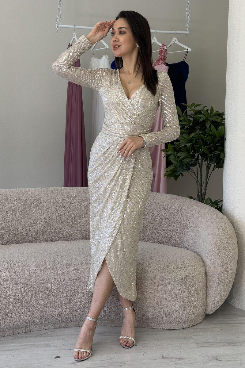 Bej  Kruvaze Yaka Payet Tasarım Uzun Kollu Abiye Elbise