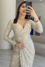Bej  Kruvaze Yaka Payet Tasarım Uzun Kollu Abiye Elbise