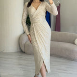 Bej  Kruvaze Yaka Payet Tasarım Uzun Kollu Abiye Elbise