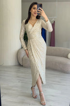 Bej  Kruvaze Yaka Payet Tasarım Uzun Kollu Abiye Elbise