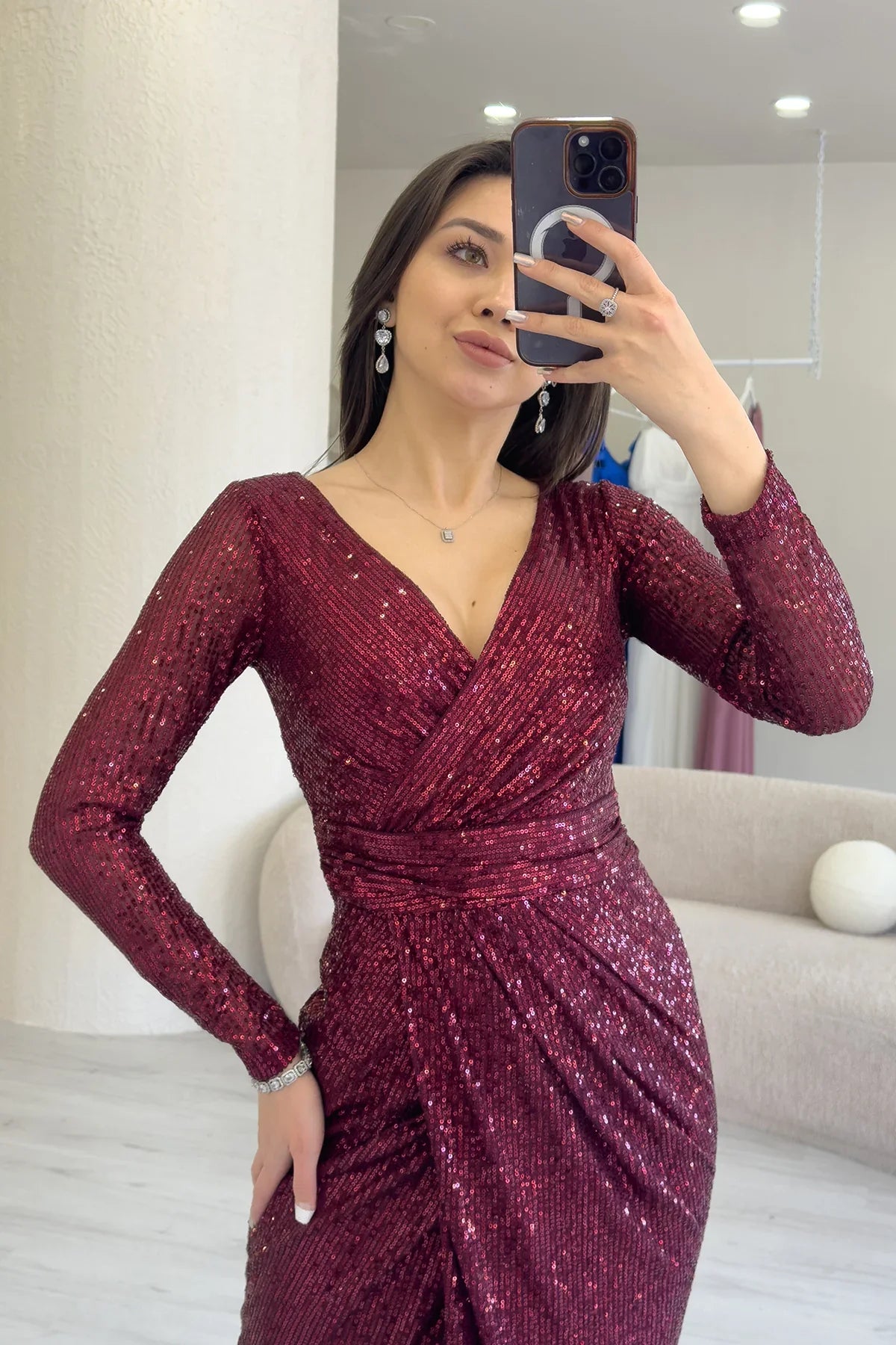 Bordo Kruvaze Yaka Payet Tasarım Uzun Kollu Abiye Elbise