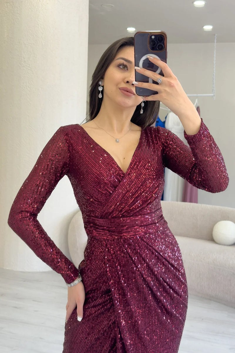 Bordo Kruvaze Yaka Payet Tasarım Uzun Kollu Abiye Elbise