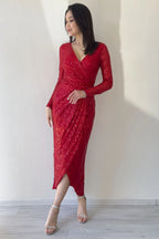 Kırmızı Kruvaze Yaka Payet Tasarım Uzun Kollu Abiye Elbise