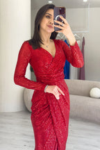 Kırmızı Kruvaze Yaka Payet Tasarım Uzun Kollu Abiye Elbise