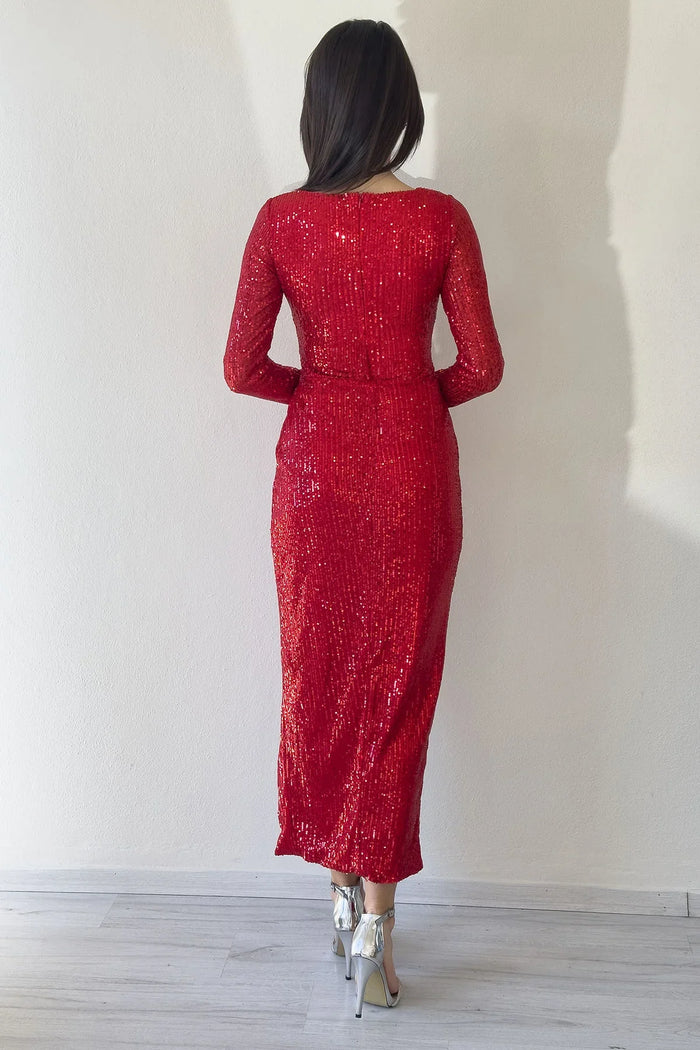 Kırmızı Kruvaze Yaka Payet Tasarım Uzun Kollu Abiye Elbise