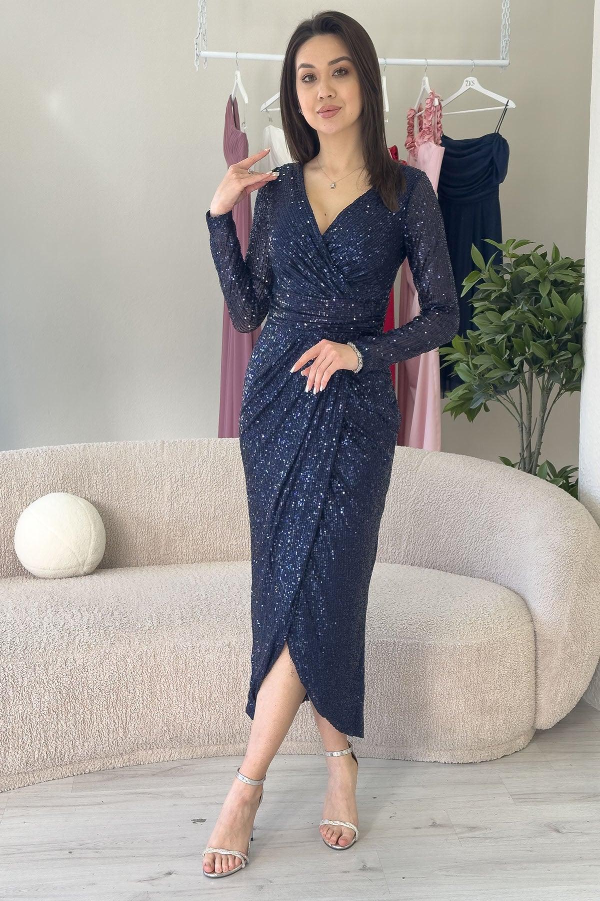 Lentejuelas Vestido Largo Azul Manga Larga Vestido De Fiesta Largo