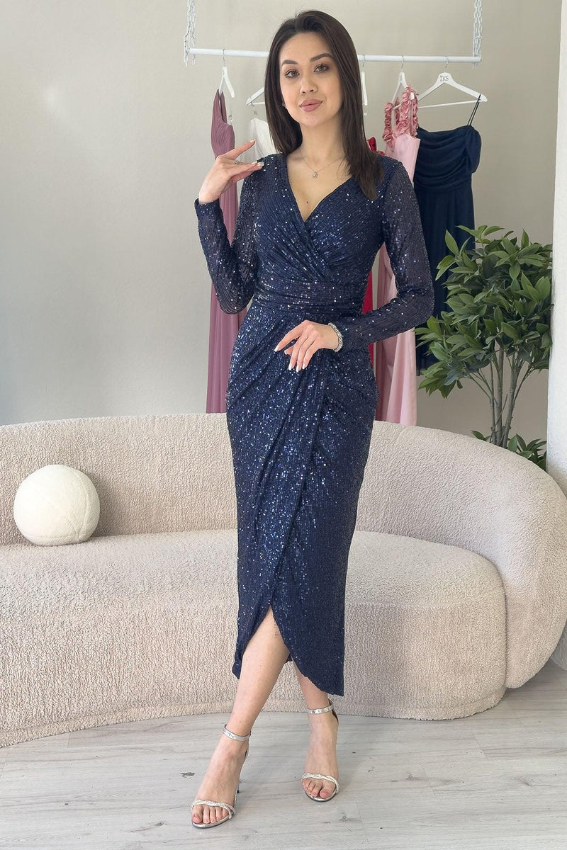 Lacivert Kruvaze Yaka Payet Tasarım Uzun Kollu Abiye Elbise