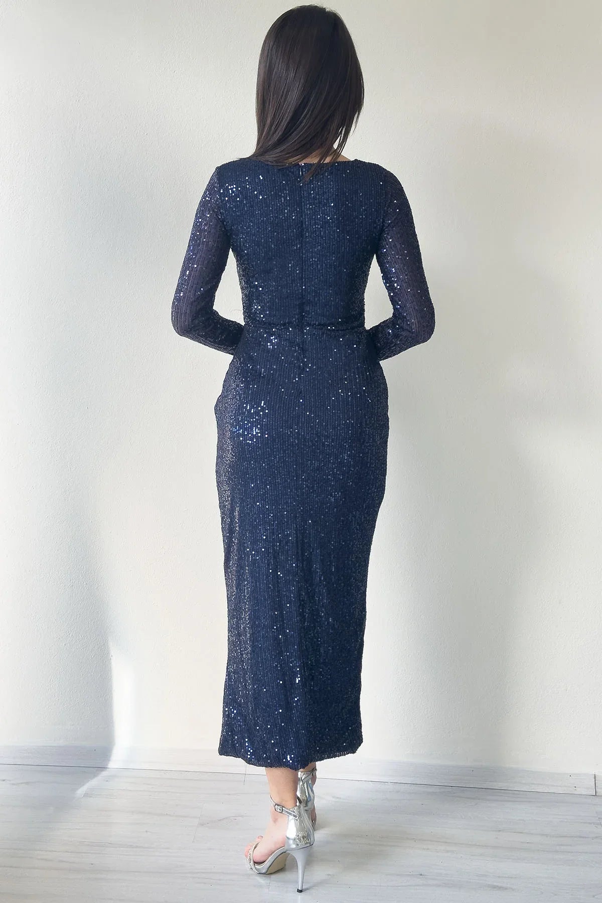 Lacivert Kruvaze Yaka Payet Tasarım Uzun Kollu Abiye Elbise