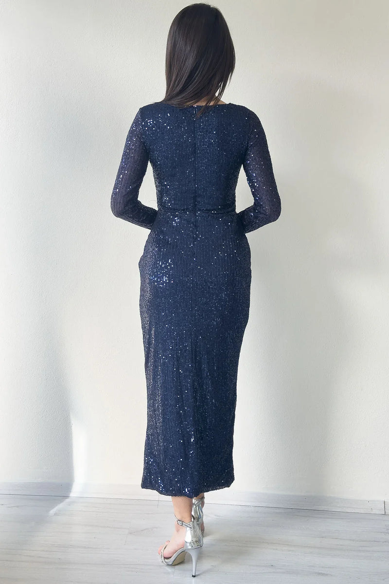 Lacivert Kruvaze Yaka Payet Tasarım Uzun Kollu Abiye Elbise