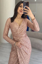 Pudra Kruvaze Yaka Payet Tasarım Uzun Kollu Abiye Elbise