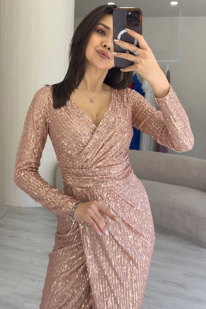 Pudra Kruvaze Yaka Payet Tasarım Uzun Kollu Abiye Elbise