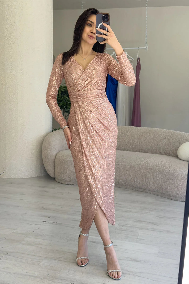 Pudra Kruvaze Yaka Payet Tasarım Uzun Kollu Abiye Elbise