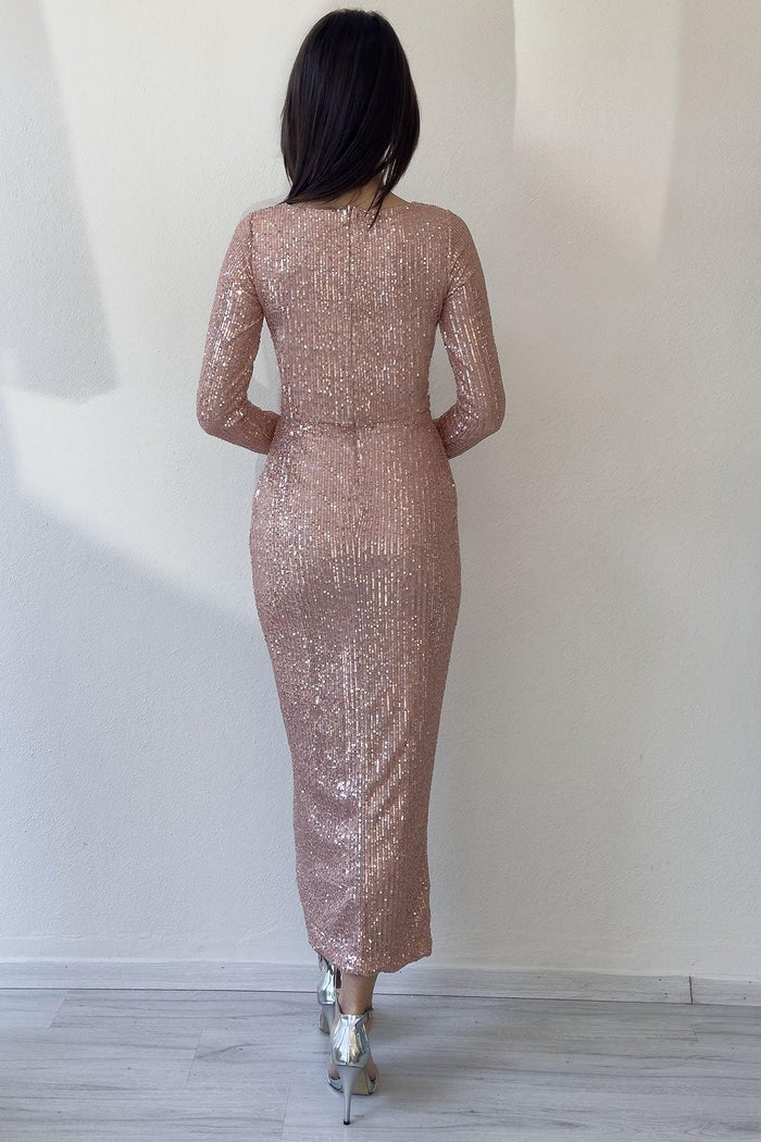 Pudra Kruvaze Yaka Payet Tasarım Uzun Kollu Abiye Elbise