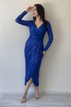 Saks Kruvaze Yaka Payet Tasarım Uzun Kollu Abiye Elbise