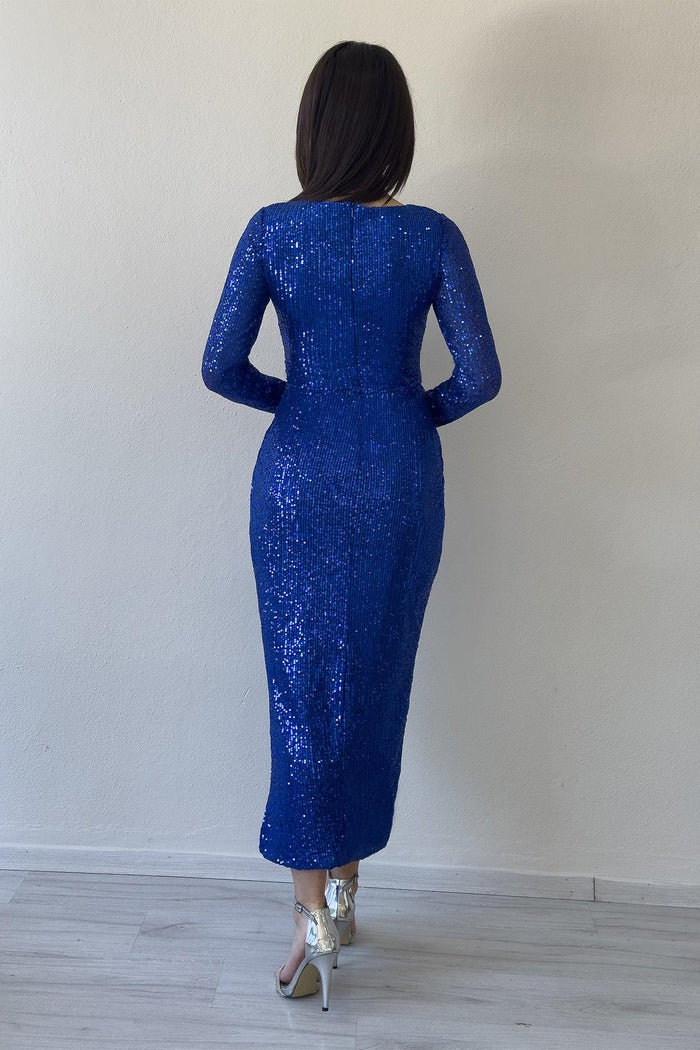 Saks Kruvaze Yaka Payet Tasarım Uzun Kollu Abiye Elbise