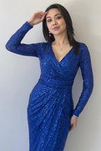 Saks Kruvaze Yaka Payet Tasarım Uzun Kollu Abiye Elbise