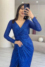 Saks Kruvaze Yaka Payet Tasarım Uzun Kollu Abiye Elbise