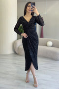 Siyah Kruvaze Yaka Payet Tasarım Uzun Kollu Abiye Elbise