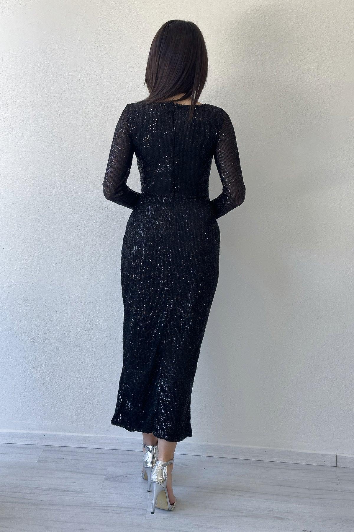 Siyah Kruvaze Yaka Payet Tasarım Uzun Kollu Abiye Elbise