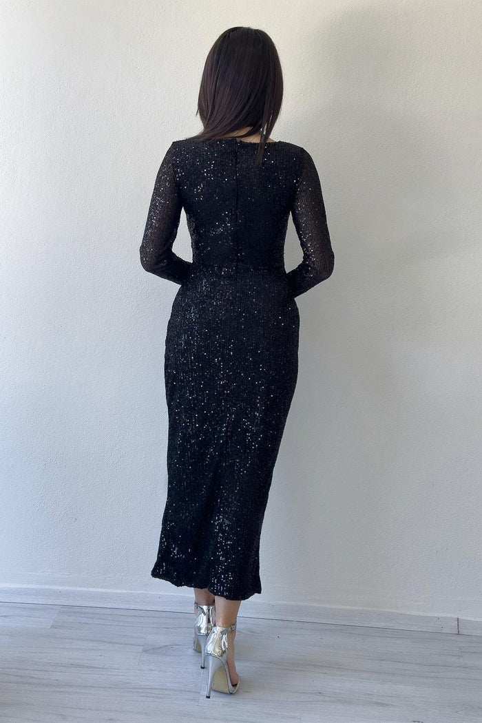 Siyah Kruvaze Yaka Payet Tasarım Uzun Kollu Abiye Elbise