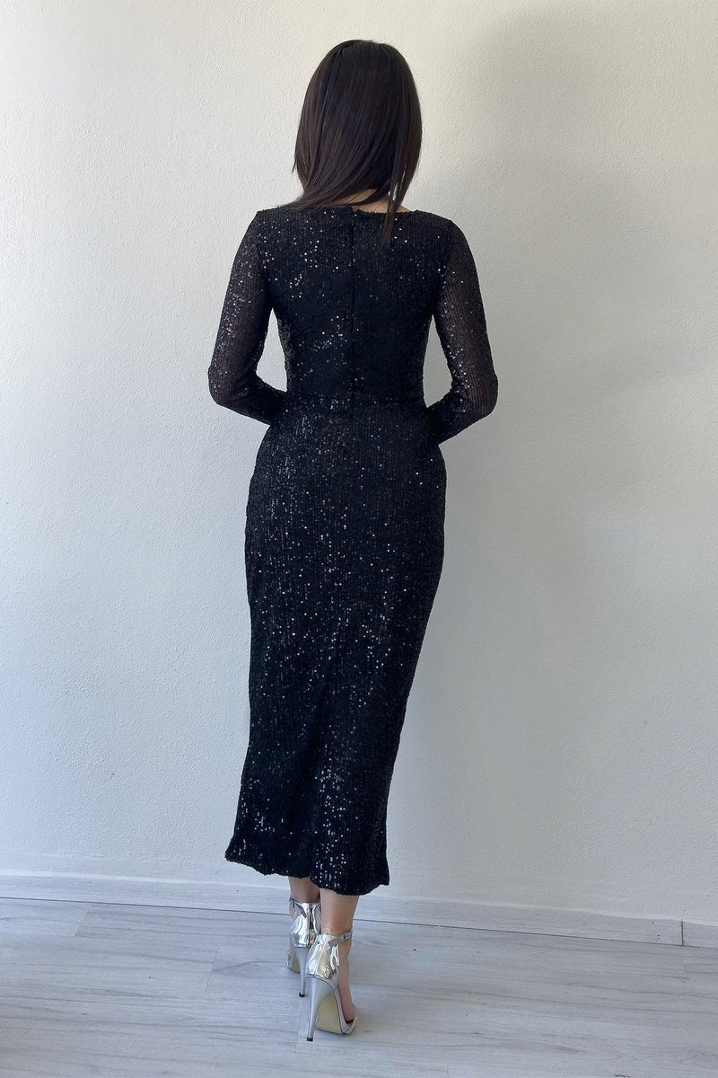 Siyah Kruvaze Yaka Payet Tasarım Uzun Kollu Abiye Elbise