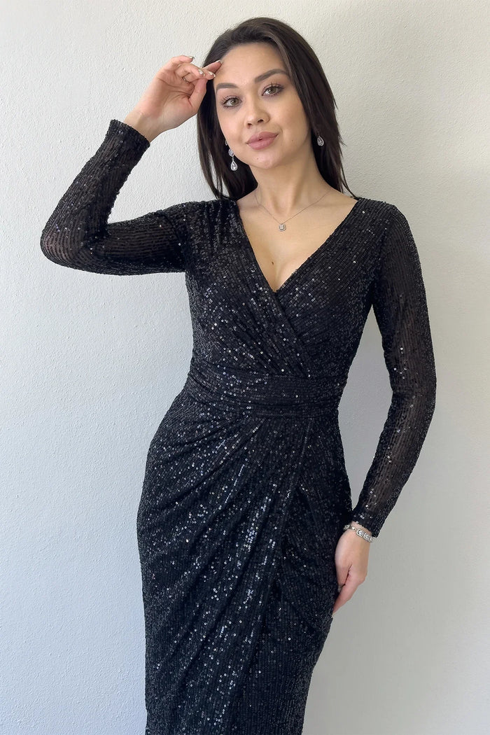 Siyah Kruvaze Yaka Payet Tasarım Uzun Kollu Abiye Elbise