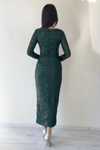 Zümrüt Yeşil Kruvaze Yaka Payet Tasarım Uzun Kollu Abiye Elbise