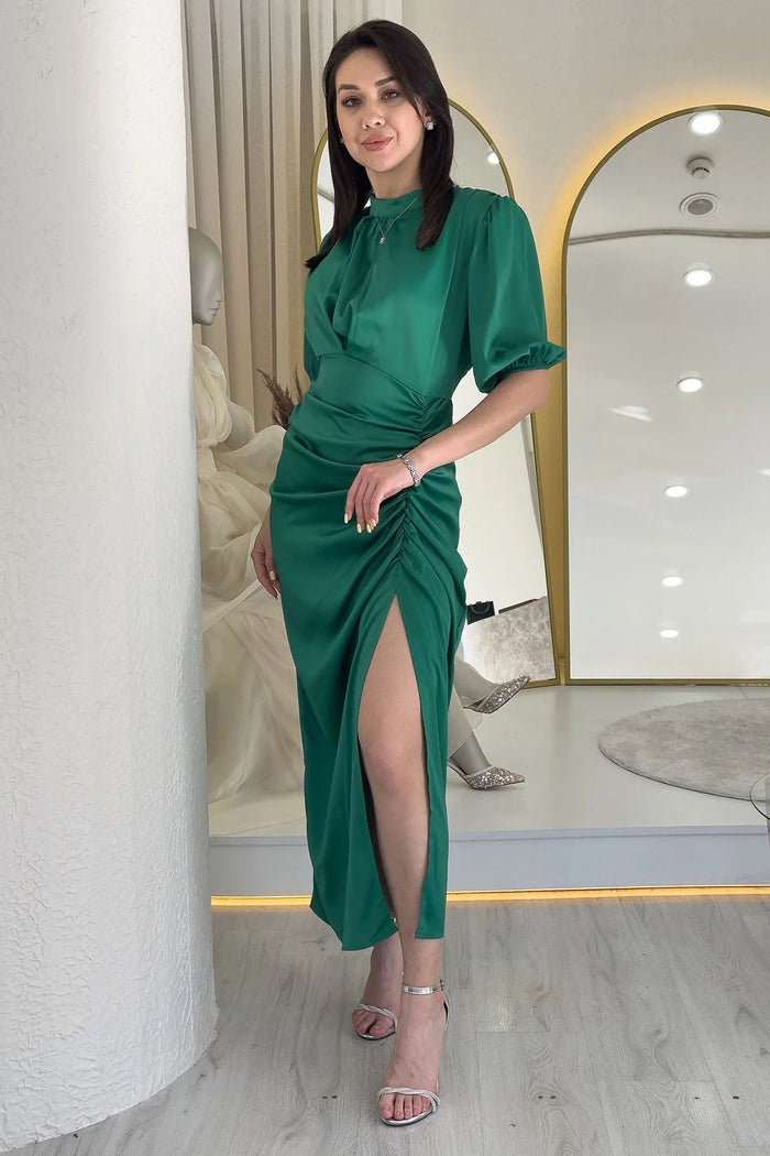 Çimen Yeşili Saten Balon Kol Drapeli Yırtmaç Detaylı Abiye Elbise