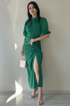 Çimen Yeşili Saten Balon Kol Drapeli Yırtmaç Detaylı Abiye Elbise