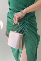 Çimen Yeşili Saten Balon Kol Drapeli Yırtmaç Detaylı Abiye Elbise