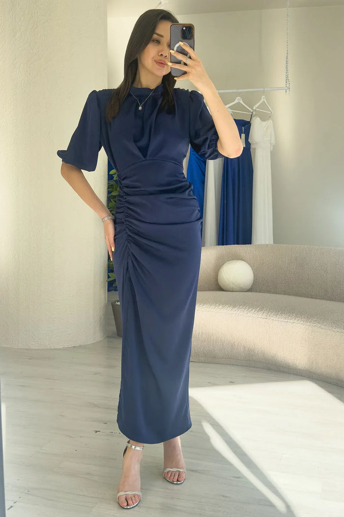 Kadın Saten Balon Kol Drapeli Yırtmaç Detaylı Abiye Elbise-Lacivert