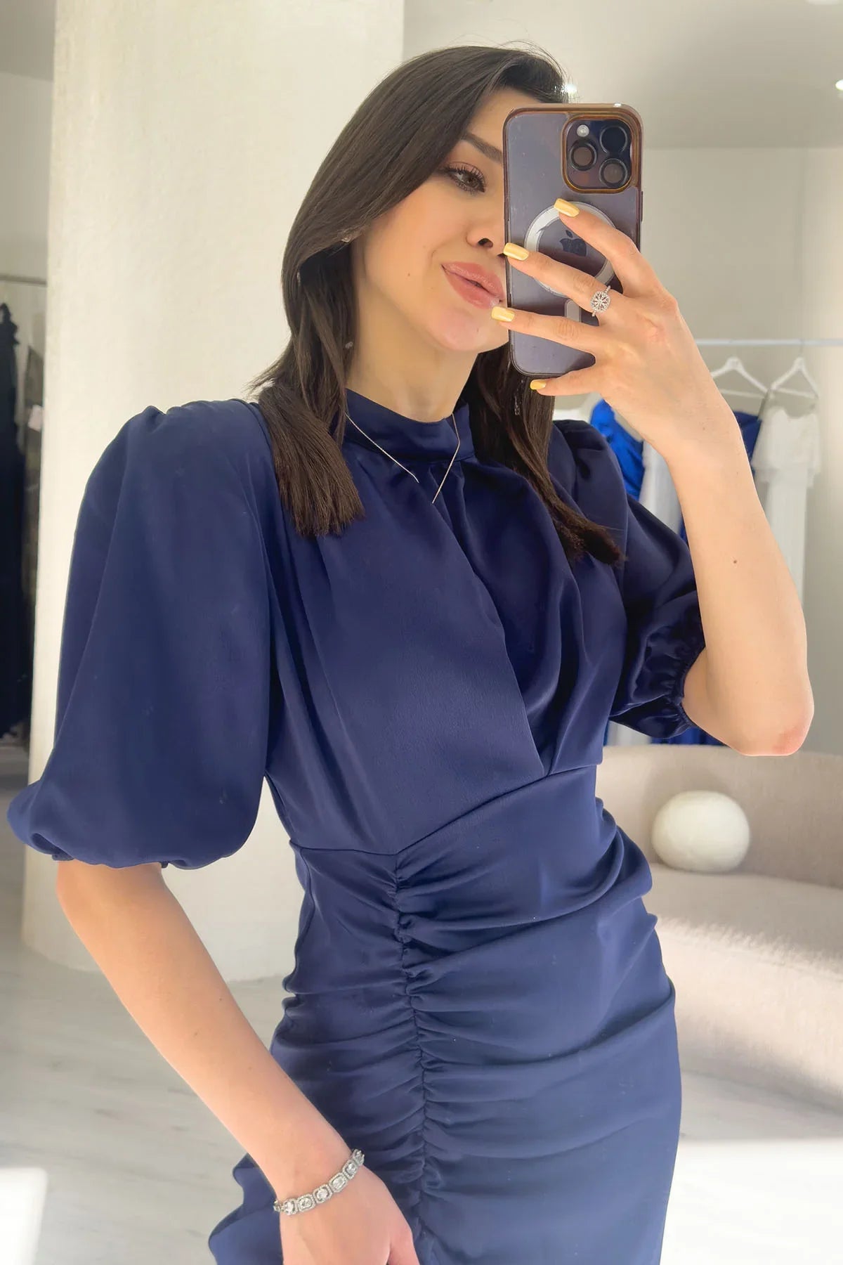 Kadın Saten Balon Kol Drapeli Yırtmaç Detaylı Abiye Elbise-Lacivert