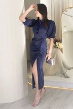 Kadın Saten Balon Kol Drapeli Yırtmaç Detaylı Abiye Elbise-Lacivert