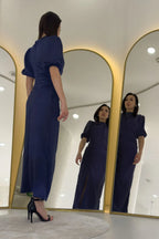 Kadın Saten Balon Kol Drapeli Yırtmaç Detaylı Abiye Elbise-Lacivert