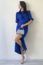 Kadın Saten Balon Kol Drapeli Yırtmaç Detaylı Abiye Elbise-Saks