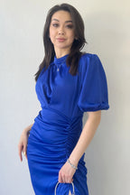 Kadın Saten Balon Kol Drapeli Yırtmaç Detaylı Abiye Elbise-Saks